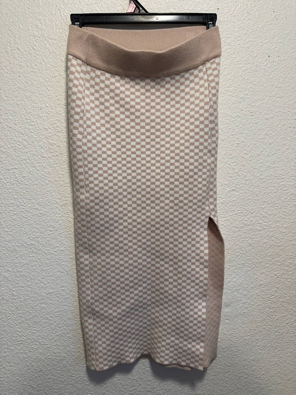 Checker Knit Midi Skirt in Blush and Cream